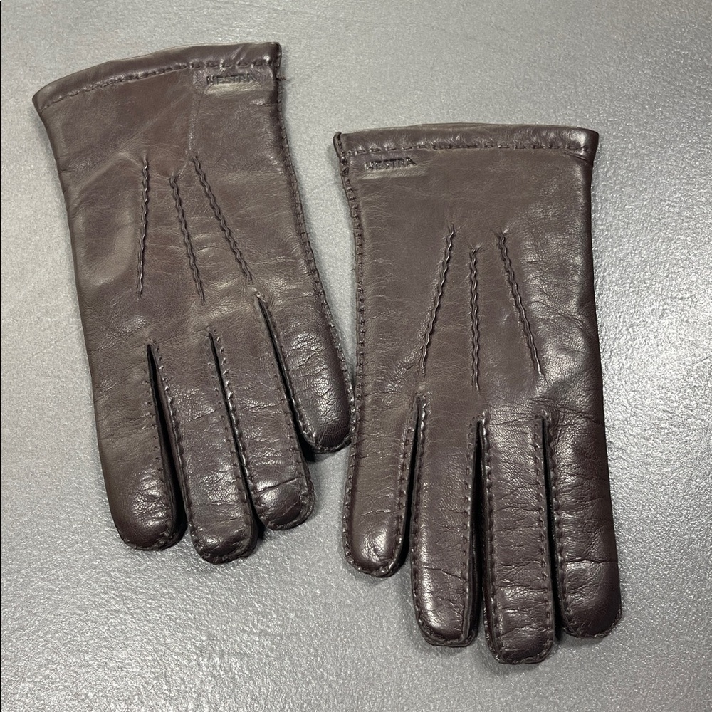 Hestra Dark Brown Leather Gloves Wool Lining Subtle Logo